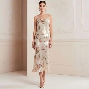 Celine Cream Floral Silk Midi Dress